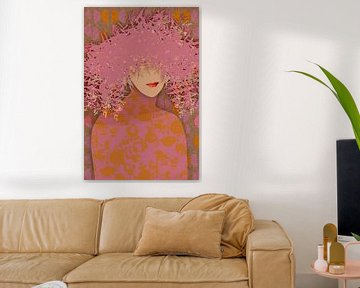 Portrait rétro d'une femme en rose pastel, marron et jaune foncé sur Dina Dankers