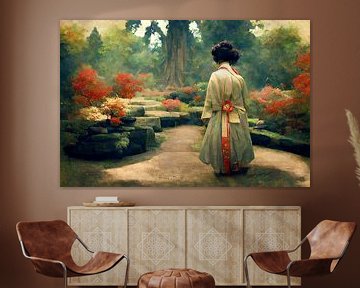 Japanese geisha in Japanese garden. by Joachim Neumann