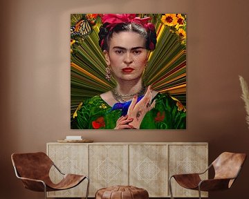 Frida en vert avec colibri et fleurs bleues sur Rudi Lippi