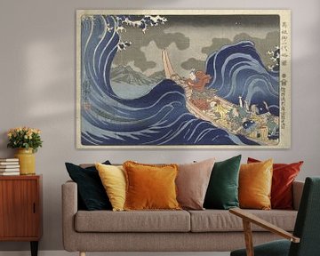 Nichiren veegt de golven bij Kakuda tijdens zijn ballingschap naar Sado, Utagawa Kuniyoshi