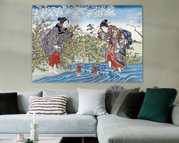 Japanse meisjes bij de rivier Ide Tama, Utagawa Kuniyoshi