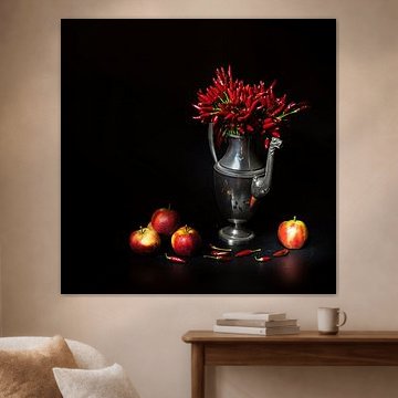 Nature morte avec des poivrons rouges et des pommes .