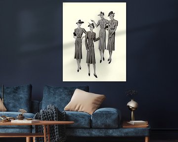 Reproductie van nostalgische afbeelding van dames uit het oude modeblad 'La Charmante Parisienne'. van Henk Van Nunen Fotografie