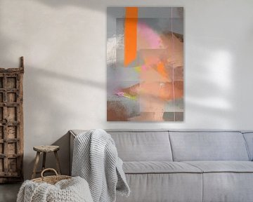 Abstract schilderij in grijs, bruin, roze en oranje tinten van Carla Van Iersel