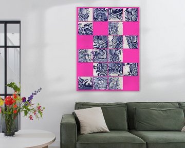 Roze en delfts blauw, mix van fragmenten tegeltableau Rijksmuseum van Mijke Konijn