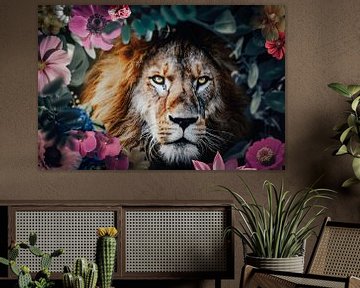 Lion in jungle artwork mixed media