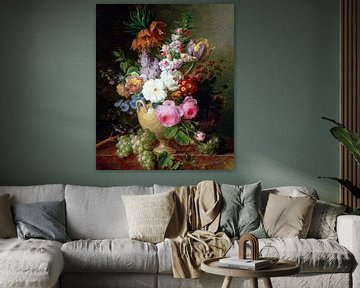 Cornelis van Spaendonck,Stilleven met bloemen en druiven