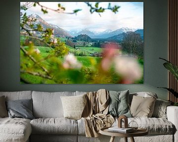 Voorjaarsknoppen in de Oberallgäu met uitzicht op de Allgäuer Alpen