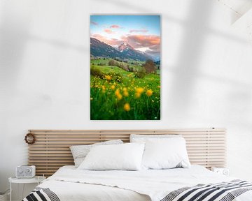 Alpenglow at Rubihorn with spring flowers in foreground by Leo Schindzielorz