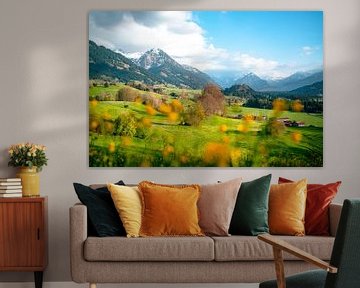 Spring view in Allgäu of Allgäu Alps and castle church St. Michael by Leo Schindzielorz