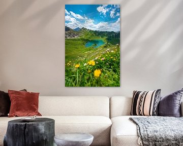 Bloemrijk uitzicht op de Schrecksee en de Hochvogelberg van Leo Schindzielorz