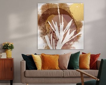 Moderne botanische minimalistische Kunst. Abstrakte Pflanze in Braun, Lila und Gold von Dina Dankers