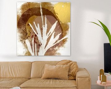 Botanical illustration. Abstract plant on rusty brown, pink and gold by Dina Dankers