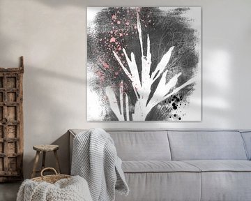 Modern botanical minimalist art. Abstract plant in black with pink spatters. by Dina Dankers