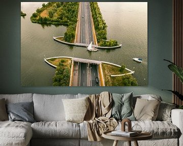 Aqueduct Veluwemeer in the Veluwe lake with a boat sailing in th by Sjoerd van der Wal Photography