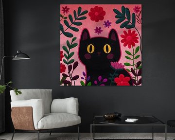 Illustratie van een kat omringd met bloemen en planten van Evelien Doosje