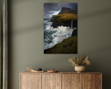 Mulafossur waterfall during a violent storm on the Faroe Islands by Jos Pannekoek