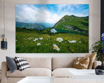 Vue fleurie sur le lac Seealpsee dans les Alpes d'Allgäu sur Leo Schindzielorz