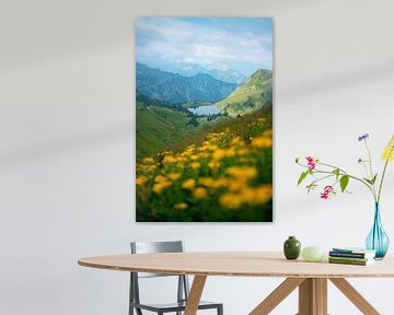 Vue fleurie sur le lac Seealpsee dans les Alpes d'Allgäu sur Leo Schindzielorz