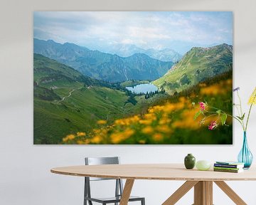 Vue fleurie sur le lac Seealpsee dans les Alpes d'Allgäu sur Leo Schindzielorz