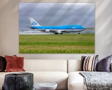 Vertrekkende KLM Boeing 747-400 passagiersvliegtuig.