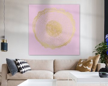 Modern abstract botanical minimalist art in gold on pink by Dina Dankers
