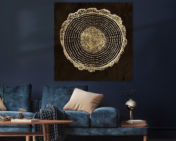 Modern abstract botanical minimalist art in gold on dark rusty brown. by Dina Dankers