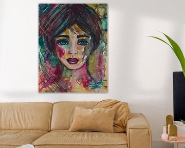 Intuïtief kleurrijk portret van een jonge vrouw van Bianca ter Riet