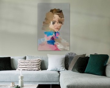 Abstract portret in aardetintenten met roze en blauw van Carla Van Iersel