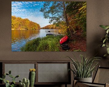 View over the lake Schmaler Luzin to the autumn field mountains by Rico Ködder