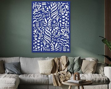 Crazy lines, abstracte scribble kunst, blauw met wit van Mijke Konijn