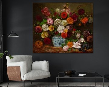 Nature morte avec dahlias, zinnias, roses trémières et prunes, Eugène Delacroix