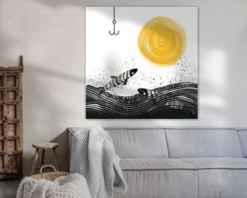 De springende vis - zwartwit illustratie van Linda van Moerkerken