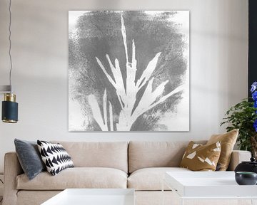 Moderne botanische minimalistische kunst. Abstracte plant in grijs en wit van Dina Dankers
