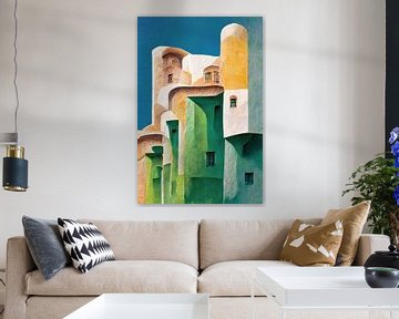 Spaanse witte stad, Pueblos Blancos, Alhambra, geometrie, witte gebouwen, minimalistisch, schilderij