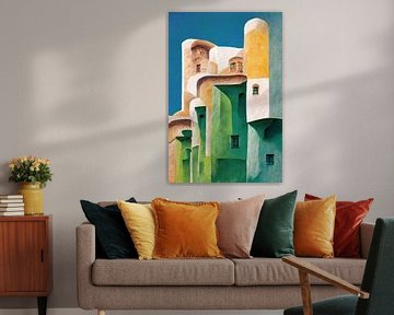 Spaanse witte stad, Pueblos Blancos, Alhambra, geometrie, witte gebouwen, minimalistisch, schilderij