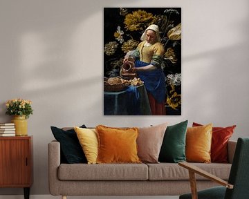 Het Melkmeisje met herfstkleurige bloemenbehang van Digital Art Studio