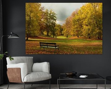 Bench in autumn forest by Jaap v Bijsterveldt