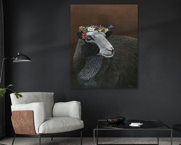 Portrait de mouton avec couronne de fleurs sur Helga Pohlen - ThingArt