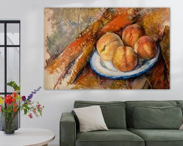 Vier perziken op een bord door Paul Cézanne. Olieverfstilleven.