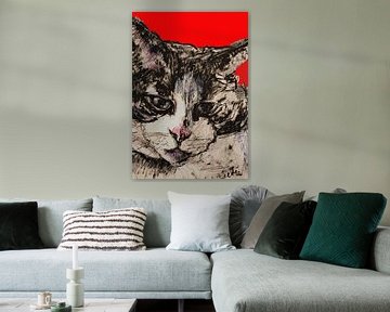 Kat portret met rode achtergrond van Liesbeth Serlie