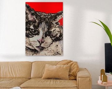 Cat portrait with red background by Liesbeth Serlie