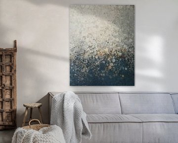 Splatter I | Abstract painting of a landscape in dark blue, caramel and gray