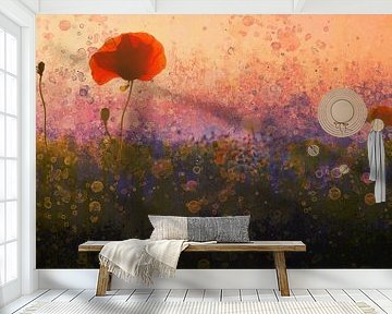 Splatter IV Zonsondergang over een veld met klaprozen | Abstract schilderij veld met klaprozen van MadameRuiz