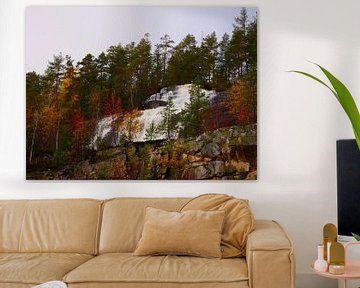 Waterfall with autumn trees in Norway by Judith van Wijk