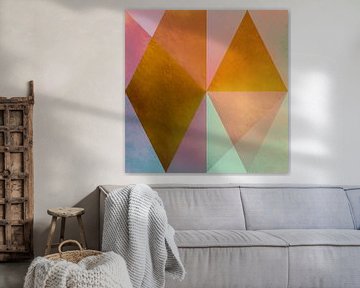 Abstracte geometrische kunst in pastel roze, goud, groen, blauw en paars. van Dina Dankers