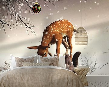 Kerstmis:Kersttafereel met een hert en eekhoorns