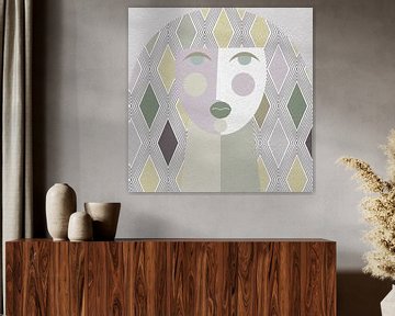 Portrait de femme abstrait et géométrique en rose rétro pastel, beige, vert, blanc. sur Dina Dankers