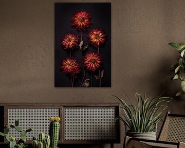 composition of five red-yellow dried dahlias by Karel Ham
