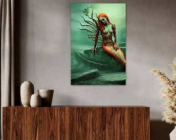 Sirène zombie aux cheveux roux ensanglantés sous l'eau